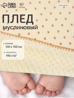 Плед двухслойный «Этель. Сердечки», 100×100 см, муслин, вельбоа