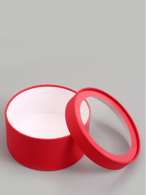 Подарочная коробка круглая, красная, завальцованная с окном, 21×11 см