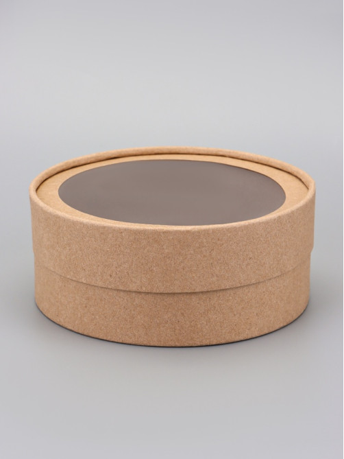 Коробка круглая подарочная, завальцованная с окном, крафт, 15×6 см