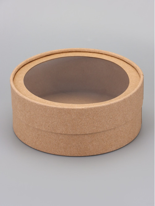 Коробка круглая подарочная, завальцованная с окном, крафт, 15×6 см