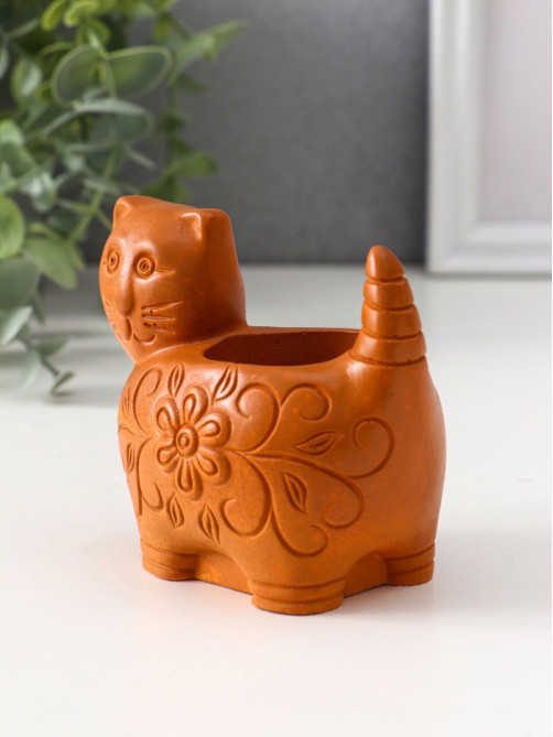 Подсвечник на 1 свечу «Кошка с орнаментом», 8.5×9.5×6.5 см, красная глина