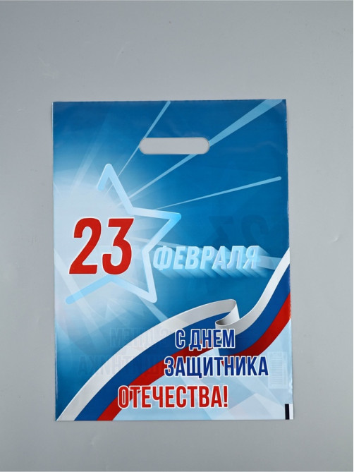 Пакет подарочный «23 февраля», полиэтиленовый с вырубной ручкой, синий, 30×40 см, 50 мк