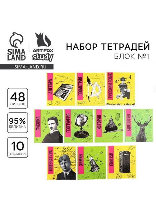 Тетради предметные, 48 л., набор из 10 шт., блок №1, уф лак, матовая ламинация «Яркий»