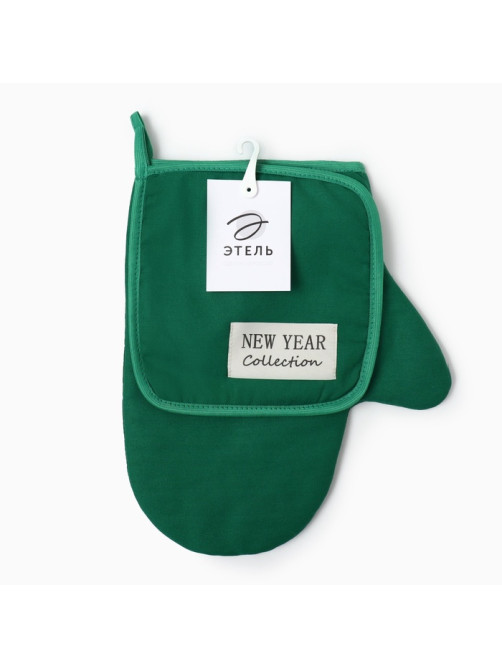 Кухонный набор «Этель» New year collection, варежка 18×29 см, прихватка 19×19 см,100% хлопок, зелёный