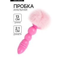 Анальная пробка с мехом, втулка силикон, 130×21 мм, хвост 65 мм, шары, розовый