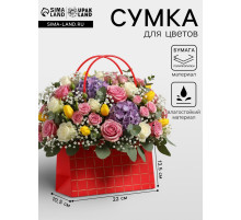 Сумка переноска для цветов, влагостойкая, красная. с тиснением, 22×10.5×13.5±5% см
