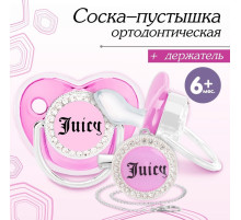 Соска - пустышка силиконовая ортодонтическая M&B JUICY, от 6 мес., с колпачком, держатель - цепочка, розовая, со стразами