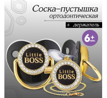 Соска - пустышка силиконовая ортодонтическая M&B «Маленький БОСС», от 6 мес., с колпачком, держатель - цепочка, черный/золото, стразы