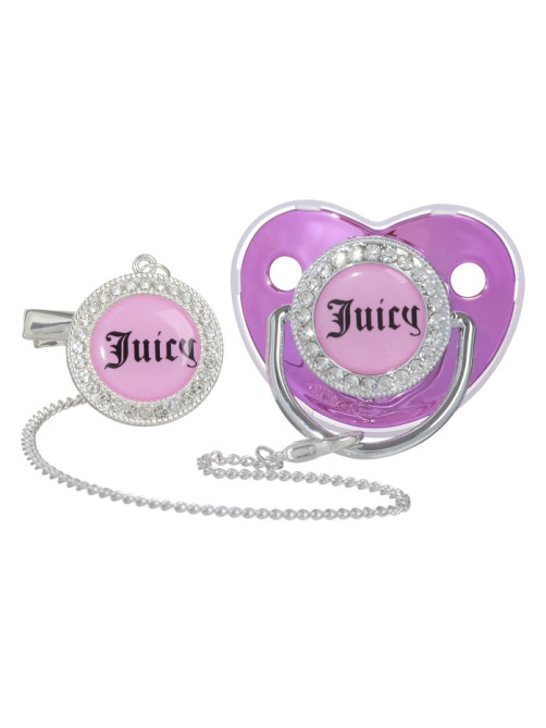 Соска - пустышка силиконовая ортодонтическая M&B JUICY, от 6 мес., с колпачком, держатель - цепочка, розовая, со стразами