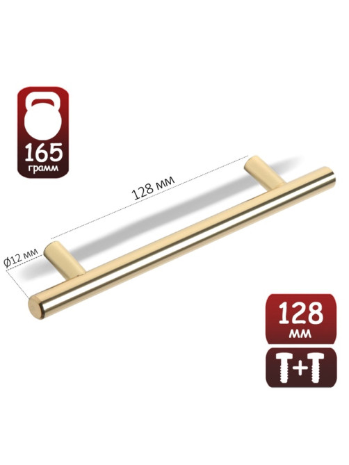 Ручка рейлинг ТУНДРА BISTRO, d=12 мм, м/о 128 мм, цвет золото, 4 шт.