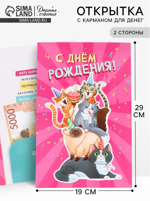 Открытка поздравительная с карманом для денег «С Днём рождения», коты, 19×29 см