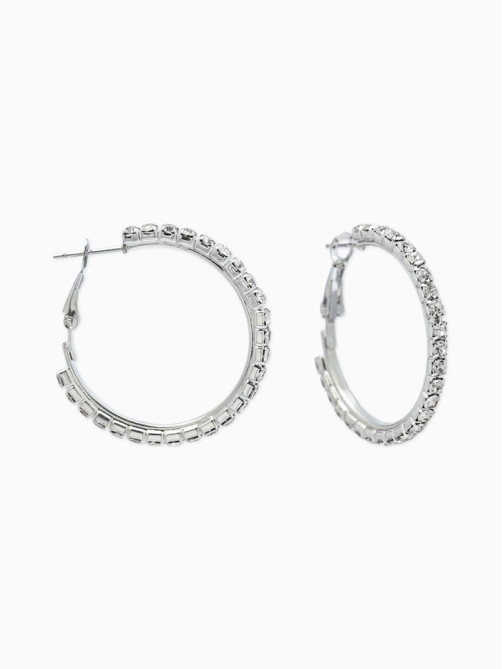 Серьги-кольца со стразами d=3.5 см, белые в серебре
