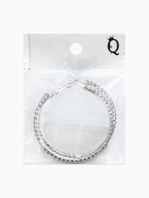 Серьги-кольца со стразами d=5.5 см, белые в серебре