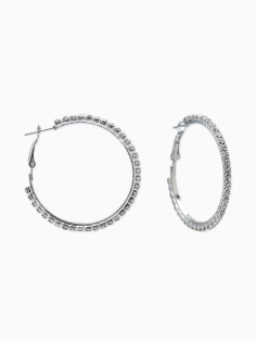 Серьги-кольца со стразами d=4.5 см, белые в серебре
