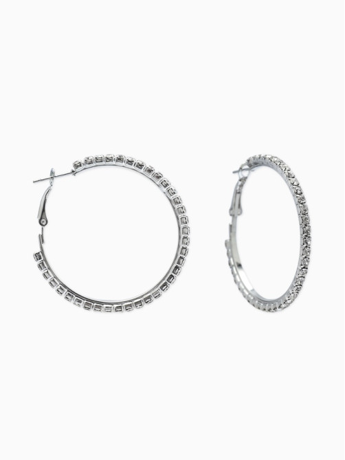 Серьги-кольца со стразами d=4.5 см, белые в серебре