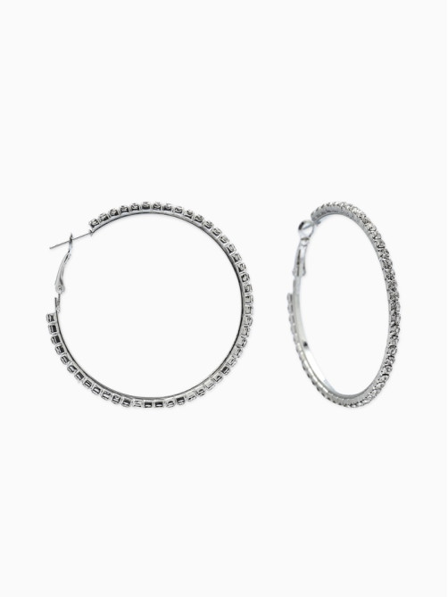 Серьги-кольца со стразами d=5.5 см, белые в серебре