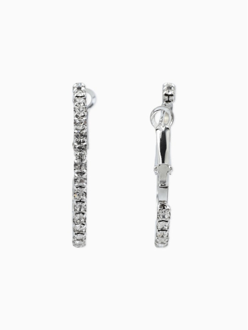 Серьги-кольца со стразами d=3.5 см, белые в серебре