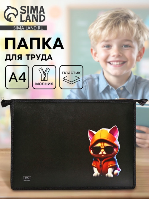 Папка для труда, А4, пластиковая, 23×32.5×5.5 см «Кот крутой»