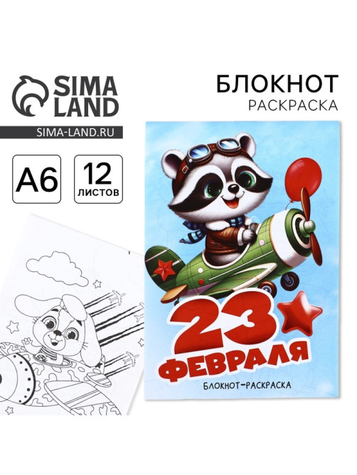 Блокнот раскраска А6, 12 л. «Енот. 23 февраля»