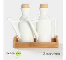 Ёмкости для соусов фарфоровые на подставке из бамбука BellaTenero, 3 предмета: 2 соусника 420 мл, подставка 17×7.2 см, белая