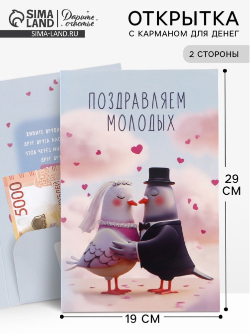 Открытка поздравительная с карманом для денег «Свадьба», голуби, 19×29 см