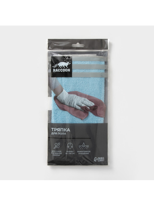 Тряпка для пола Raccoon, 250 г/м², 60×80 см, микрофибра, с оверлоком, 1 шт., голубая