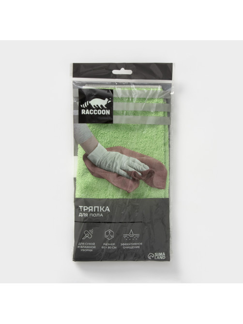 Тряпка для пола Raccoon, 250 г/м², 60×80 см, микрофибра, с оверлоком, 1 шт., зеленая