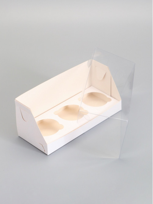 Коробка кондитерская складная под 3 капкейка, белая, 24×10×10 см