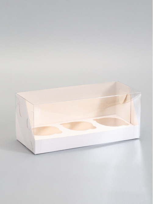 Коробка кондитерская складная под 3 капкейка, белая, 24×10×10 см