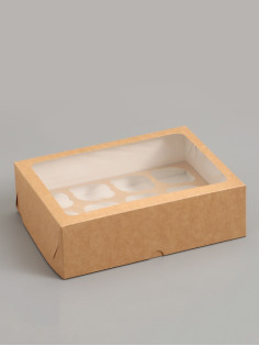 Коробка под 12 капкейков с окном, крафт, 32.5×25.5×10 см, 5 шт.