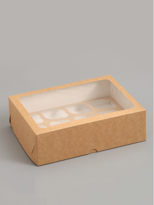 Коробка под 12 капкейков с окном, крафт, 32.5×25.5×10 см, 5 шт.