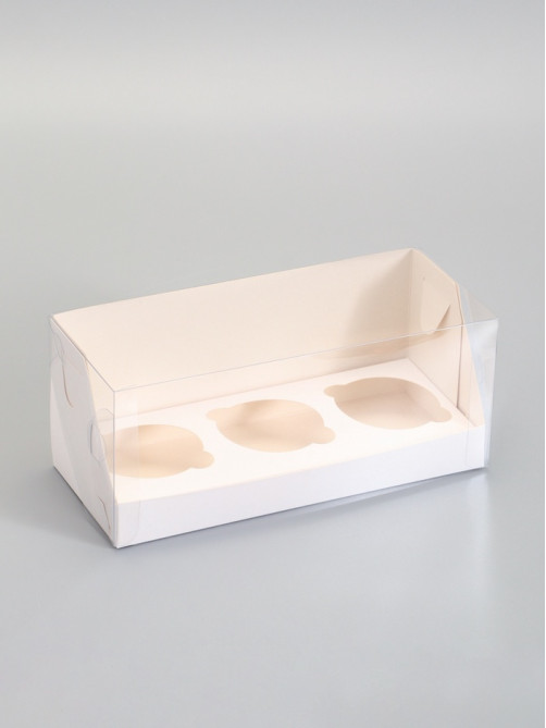 Коробка кондитерская складная под 3 капкейка, белая, 24×10×10 см