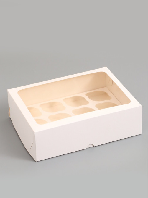Коробка под 12 капкейков с окном, белая 32.5×25.5×10 см, 5 шт.