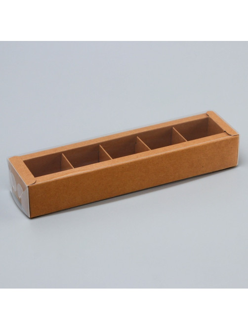 Коробка для 5 конфет, Крафт с прозрачной крышкой, 22×5.5×3.5 см