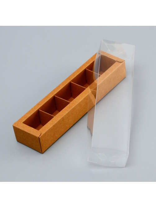Коробка для 5 конфет, Крафт с прозрачной крышкой, 22×5.5×3.5 см