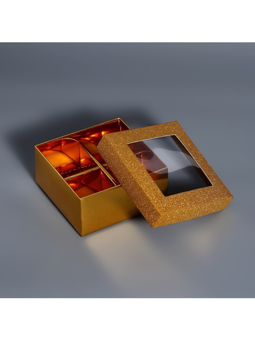 Коробка для 4 конфеты золото глиттер, 8.5×8.5×4 см