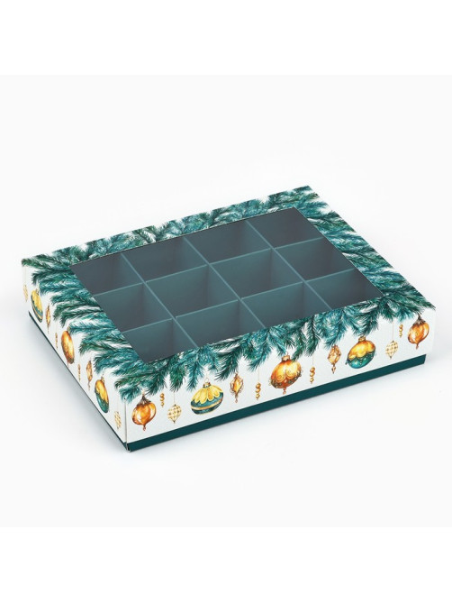 Коробка складная под 12 конфет новогодняя «Ёлочные игрушки», 14×18×3.5 см