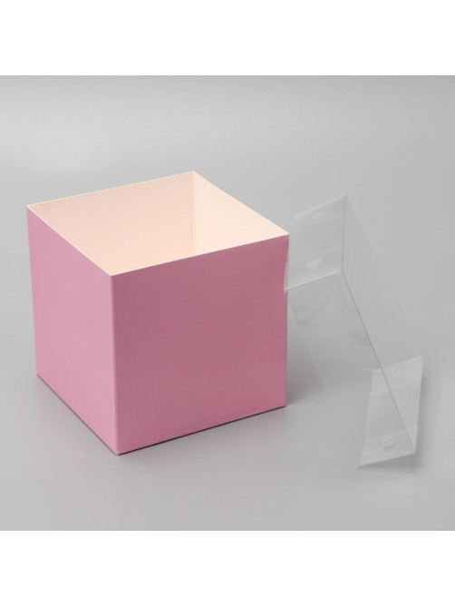 Коробка для подарков и цветов с PVC крышкой, розовая, 12×12×12 см