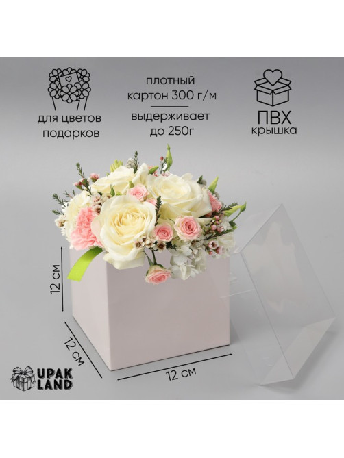 Коробка для цветов с PVC крышкой, 12×12×12 см, белая