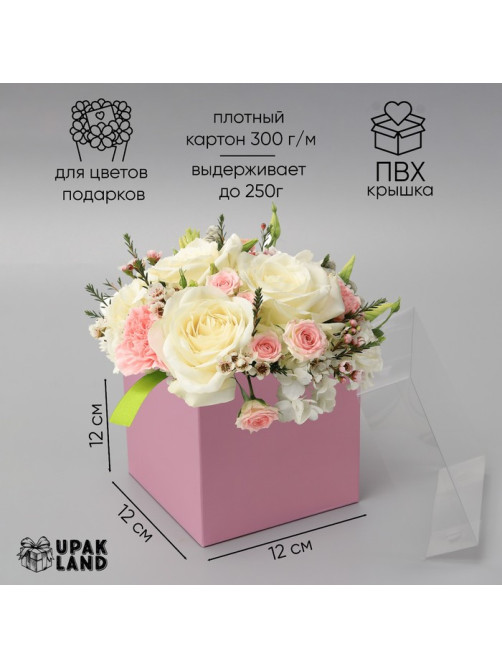 Коробка для подарков и цветов с PVC крышкой, розовая, 12×12×12 см