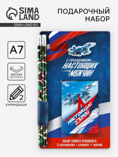 Подарочный набор «С праздником настоящих мужчин», блокнот, карандаши 2 шт., ч/г, значок-дерево