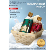 Подарочный набор новогодний в деревянной корзине: гель для душа, пена для ванны и полотенце, аромат хвойный лес и вишнёвый пирог, URAL LAB