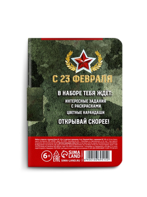 Подарочный набор «23 февраля», блок для записей с отрывными листами и заданиями, карандаши