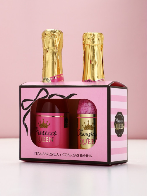 Подарочный набор Prosecco Queen, гель для душа и соль для ванны во флаконах шампанское, Чистое Счастье
