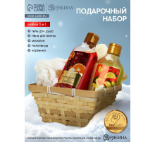 Подарочный набор новогодний косметики в деревянной корзине: гель для душа, пена и полотенце, URAL LAB