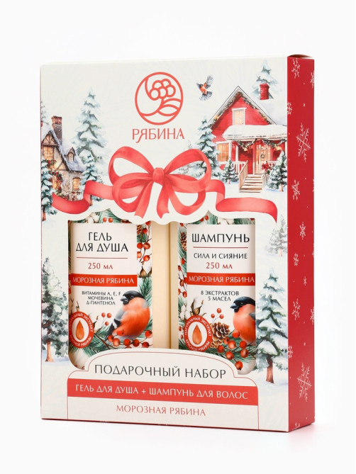 Подарочный набор новогодний «С Новым годом и Рождеством», гель для душа и шампунь для волос 2×250 мл, РЯБИНА