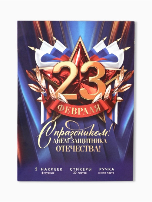 Подарочный набор, блок бумаги 30 л, ручка синяя паста 1.0 мм, наклейки 5 шт. «23 февраля»
