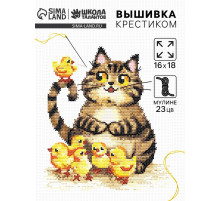 Вышивка крестиком «Пушистый котик и цыплята», набор для творчества, 16×18 см