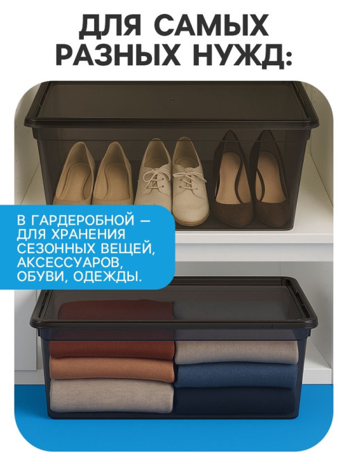 Ящик пластиковый для хранения, с крышкой, объём — 16 л, прозрачно-чёрный