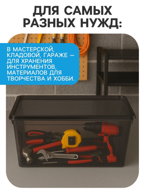 Ящик пластиковый для хранения, с крышкой, объём — 16 л, прозрачно-чёрный